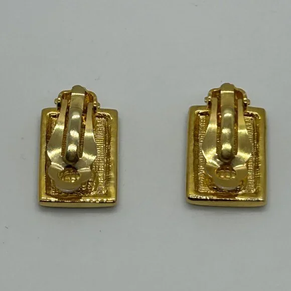 Vintage Gold & Black  Earrings Enamel Greek Key Clip-On 1980s Designer Statement - Picture 6 of 14